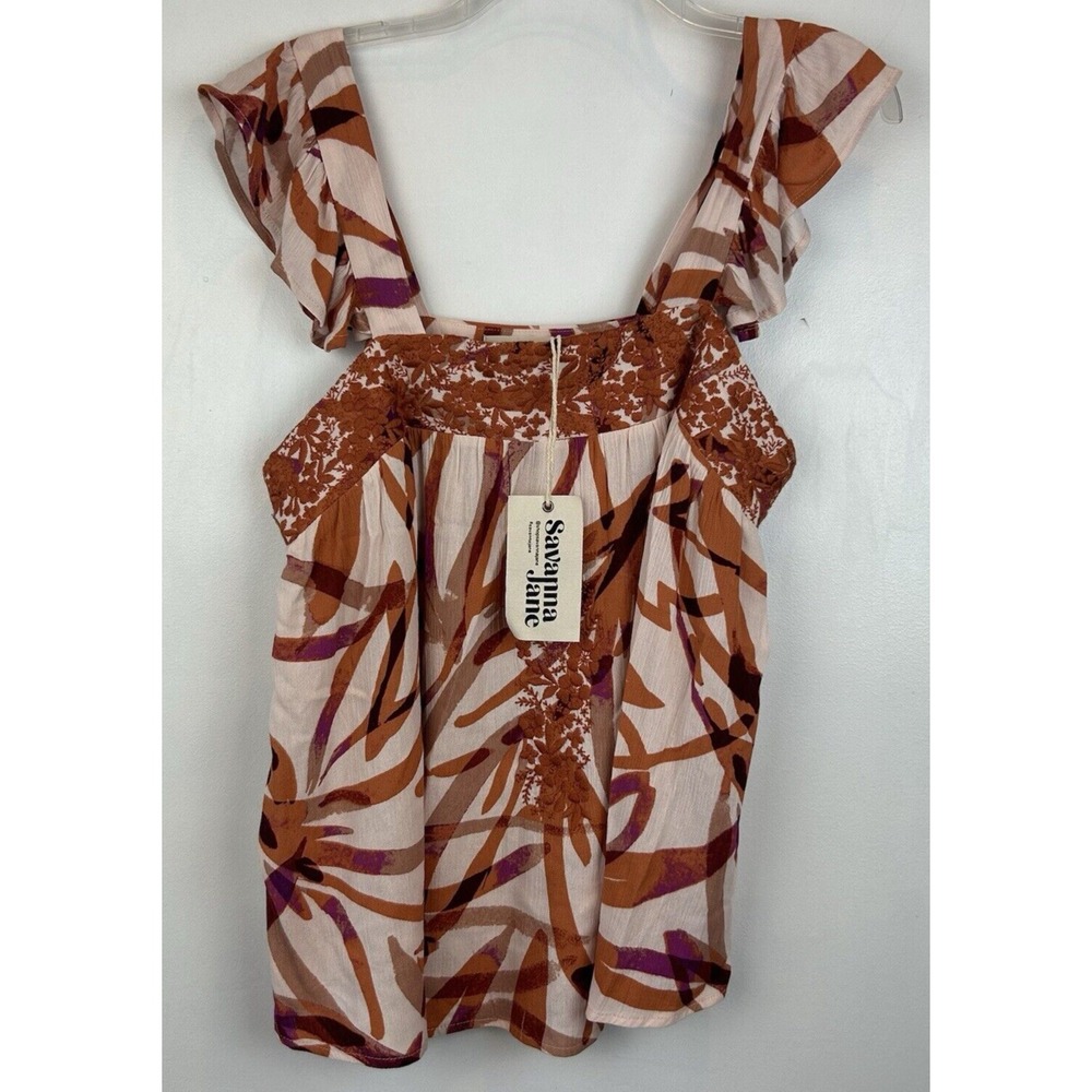 Savanna Jane Top Womens S Embroidered Boho Tank Top Rust Orange Ruffle New
